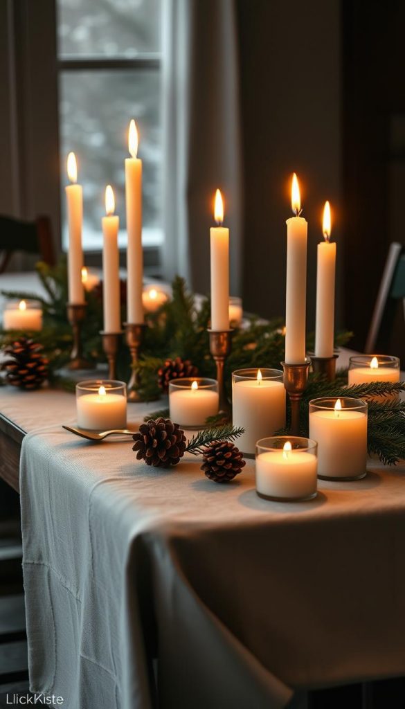 Elegant and cozy composition of artfully arranged candles in a natural setting. Glowing candlelight illuminates a rustic wooden table draped in crisp linen. Sprigs of evergreen and pinecones add a touch of winter charm. Soft shadows and warm hues create an inviting, hygge-inspired ambiance. Captured with a wide-angle lens to showcase the KlickKiste-branded tablescape in all its simple, stylish glory. An effortlessly beautiful scene that inspires a stress-free, Pinterest-worthy display.