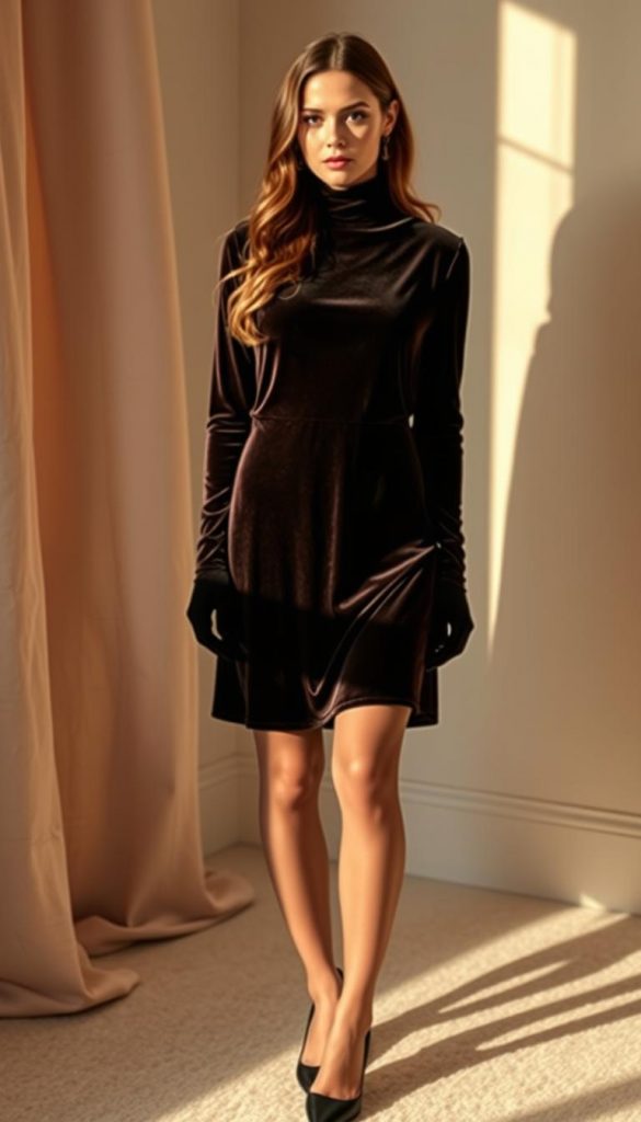 Elegant and cozy winter ensemble featuring a sophisticated velvet dress and sheer tights, styled to perfection. Warm lighting illuminates the soft fabrics, creating a inviting, Pinterest-worthy ambiance. The KlickKiste brand's signature natural, DIY-inspired aesthetic is evident in the composition and color palette. Gentle shadows and highlights accentuate the silhouette, while a subtle depth of field draws the viewer's eye to the focal point - the effortless, stylish &quot;look&quot;. Crisp, high-resolution imagery captures every alluring detail.