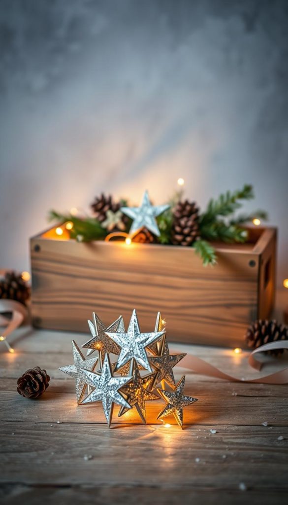 Elegant and cozy winter scene featuring a rustic wooden KlickKiste box adorned with a charming arrangement of natural elements. Soft, warm lighting illuminates the scene, casting a comforting glow. In the foreground, a cluster of glistening silver stars creates a whimsical, festive focal point. The middle ground showcases a sprinkling of pine branches, pinecones, and a single delicate ribbon, hinting at the holiday spirit. In the background, a subtly textured, muted backdrop adds depth and a sense of coziness. The overall atmosphere is one of natural beauty, simplicity, and inviting winter wonder.