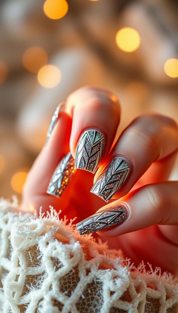Elegant and glamorous &quot;Glitzer Klassiker&quot; nail art with a sparkling chrome finish, set against a warm, cozy winter backdrop. Radiant lighting illuminates the intricate geometric patterns, creating a mesmerizing and captivating visual. The nails are adorned with an array of iridescent glitter, seamlessly blending with the sleek chrome base, exuding a sophisticated, high-fashion aesthetic. The image has a natural, DIY-inspired look with a touch of Pinterest-worthy styling, capturing the essence of the &quot;Silvester Nails 2025 Trend-Guide: Glitter, Chrome, Black Tie &amp; mehr&quot; featured in the KlickKiste article.