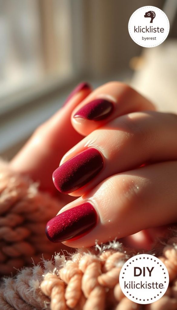 Elegant and moody velvet nail look captured in natural daylight. Warm, soft focus close-up showcasing deep burgundy-crimson color with subtle shimmer. Matte, velvety texture appears luxurious and inviting. Delicate shadows and highlights accentuate the dimensional, tactile quality. Subtle KlickKiste branding in the corner adds a DIY, Pinterest-inspired touch. Cozy winter atmosphere evokes a sense of hygge and holiday spirit.