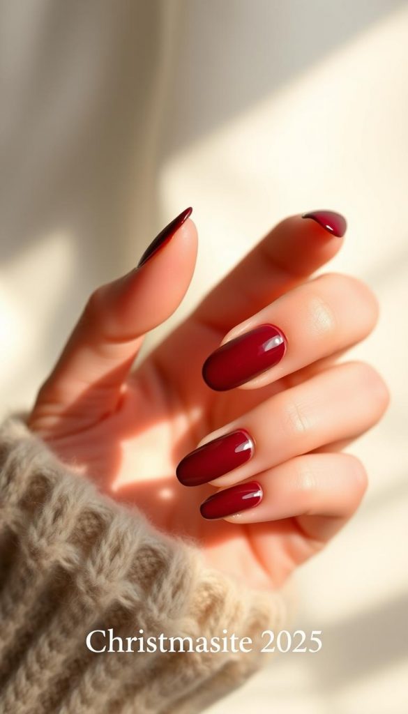Elegant burgundy red nails with a glossy, lacquered finish. The manicure features a subtle, organic nail shape with a slight almond tilt. Diffused studio lighting casts a warm, cozy glow, creating a winter-inspired aesthetic. The nails are set against a clean, minimalist background with hints of soft, blurred textures that evoke a serene, natural ambiance. This KlickKiste-inspired "Rote Looks" image exudes a timeless, yet modern vibe, perfect for the "Christmas Nails 2025 – Rot, French & Sternen-Details" article section.
