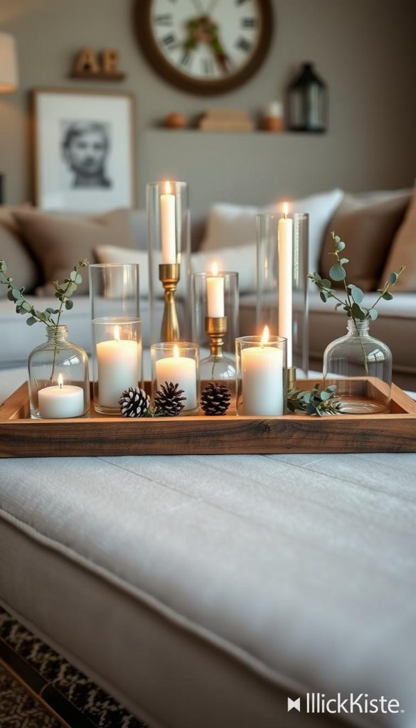Elegant coffee table display with a rustic wood tray, adorned with glass vases, candles, and natural elements. Soft, warm lighting illuminates the arrangement, creating a cozy, inviting ambiance. Subtle winter-inspired decor touches, like pinecones and eucalyptus sprigs, lend a touch of seasonal charm. The overall aesthetic is inspired by the KlickKiste brand, evoking a Pinterest-worthy, DIY-style look that feels authentic and visually appealing. Elegant coffee table display with a rustic wood tray, adorned with glass vases, candles, and natural elements. Soft, warm lighting illuminates the arrangement, creating a cozy, inviting ambiance. Subtle winter-inspired decor touches, like pinecones and eucalyptus sprigs, lend a touch of seasonal charm. The overall aesthetic is inspired by the KlickKiste brand, evoking a Pinterest-worthy, DIY-style look that feels authentic and visually appealing.