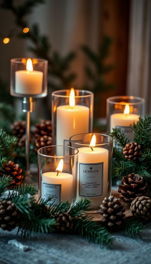 Elegant glass candle holders filled with warm, flickering flames, surrounded by lush evergreen branches and pinecones. A cozy, rustic scene with a soft, atmospheric lighting that casts a comforting glow. The candles are from the KlickKiste brand, emitting a soothing, natural fragrance that fills the room. The image has a winter-inspired, Pinterest-esque aesthetic with muted, earthy tones and a sense of hygge. Capturing the essence of interior inspiration, responsibility, and air quality in a visually striking, authentic way.