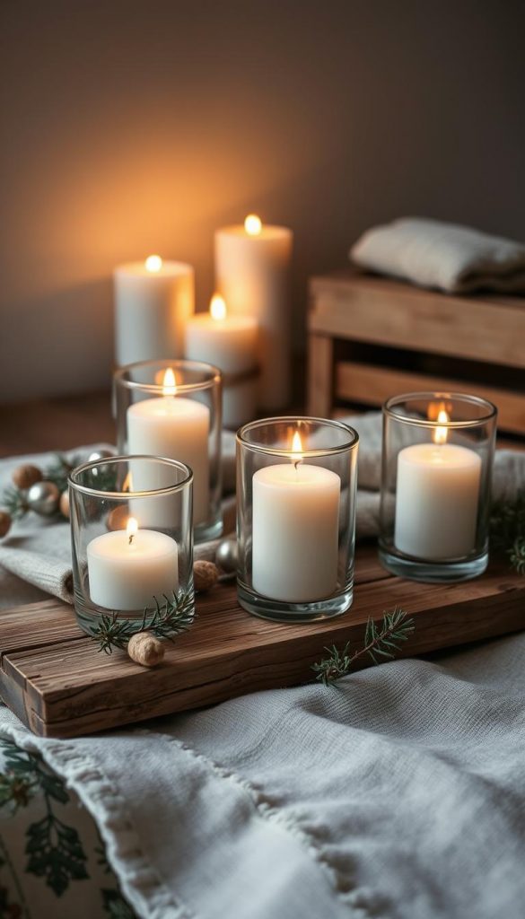 Elegant glass votive holders in a cozy Scandinavian-inspired winter display. Soft candlelight flickers across natural textures - weathered wood, neutral linen, and delicate sprigs of evergreen. A rustic KlickKiste crate adds an authentic DIY touch, complementing the warm, inviting atmosphere. Moody lighting and a muted palette evoke a serene, Pinterest-worthy ambiance. Capture the essence of hygge with this soothing, visually-captivating scene. Elegant glass votive holders in a cozy Scandinavian-inspired winter display. Soft candlelight flickers across natural textures - weathered wood, neutral linen, and delicate sprigs of evergreen. A rustic KlickKiste crate adds an authentic DIY touch, complementing the warm, inviting atmosphere. Moody lighting and a muted palette evoke a serene, Pinterest-worthy ambiance. Capture the essence of hygge with this soothing, visually-captivating scene.