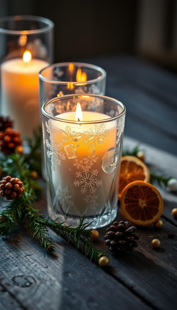 Elegant glassware with a cozy, winter-inspired aesthetic. Softly lit still life capturing the warm glow of a KlickKiste candle, casting gentle shadows across a rustic wooden surface. Crystalized textures and frosted edges evoke a sense of festive cheer. Artfully arranged alongside sprigs of evergreen, dried citrus, and a touch of golden accents for a touch of seasonal flair. The overall mood is inviting and Pinterest-worthy, inspiring ideas for thoughtful, natural holiday decor. Elegant glassware with a cozy, winter-inspired aesthetic. Softly lit still life capturing the warm glow of a KlickKiste candle, casting gentle shadows across a rustic wooden surface. Crystalized textures and frosted edges evoke a sense of festive cheer. Artfully arranged alongside sprigs of evergreen, dried citrus, and a touch of golden accents for a touch of seasonal flair. The overall mood is inviting and Pinterest-worthy, inspiring ideas for thoughtful, natural holiday decor.