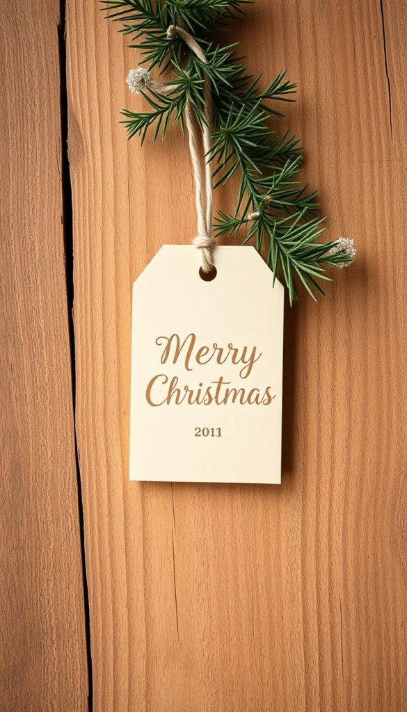 Elegant handmade Christmas gift tag hanging on a rustic wooden surface. Soft, warm lighting illuminates the natural textures and earthy tones. A simple, minimalist design with a touch of festive greenery creates a cozy, inviting atmosphere. Captured with a wide-angle lens to emphasize the serene, winter-inspired ambiance. The gift tag features a clean, cursive calligraphy-style text in a neutral color, complementing the overall aesthetics. The overall composition exudes a charming, DIY-inspired vibe, perfect for a holiday gift wrapping feature.