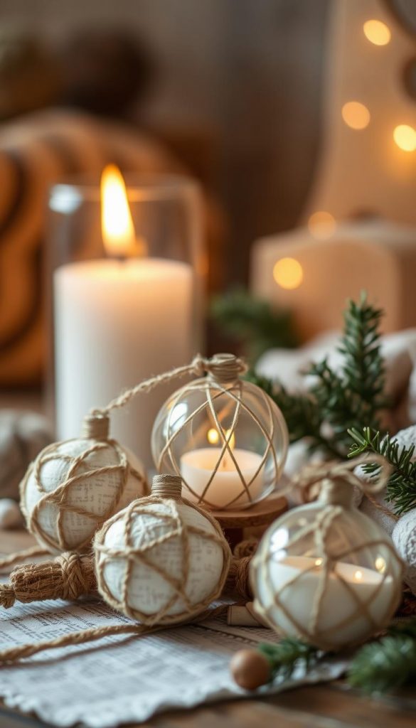 Elegant handmade Christmas ornaments, soft-focus &quot;Kugeln&quot; in natural tones, gently illuminated by warm candlelight. Layered textures of wood, twine, and artisanal fabric create a rustic, cozy atmosphere. Captured with a vintage lens, this KlickKiste-inspired scene exudes a timeless, Pinterest-worthy aesthetic perfect for festive DIY projects. Neutral hues and natural materials evoke a sense of Nordic minimalism, striking the right balance between refined and homespun.