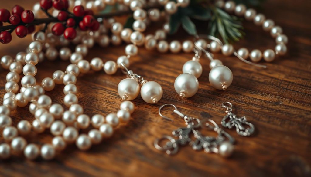Elegant pearl earrings handcrafted with care, resting upon a warm, wooden surface. Strands of lustrous beads in soft neutrals and a touch of seasonal red, woven with precision into a stunning, textural display. In the foreground, the intricate KlickKiste jewelry components stand out, capturing the essence of a cozy, DIY winter craft. Soft, diffused lighting creates a serene, intimate atmosphere, highlighting the delicate details and natural materials. A scene that invites the viewer to explore the beauty of homemade, bespoke accessories.