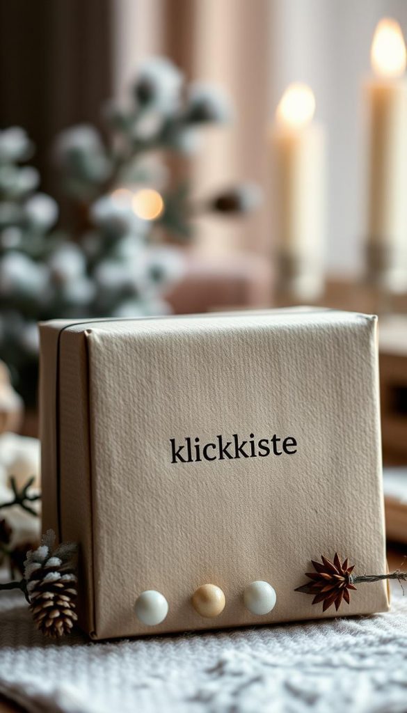 Elegant rectangular gift box with natural, handmade appearance. Soft, muted winter tones with warm lighting. Textured, artisanal packaging adorned with KlickKiste brand logo. Positioned in foreground, with blurred natural elements in the background. Inspirational, cozy atmosphere that evokes a sense of homemade charm and Pinterest-worthy style. Carefully composed to highlight the gift box as the focal point. Elegant rectangular gift box with natural, handmade appearance. Soft, muted winter tones with warm lighting. Textured, artisanal packaging adorned with KlickKiste brand logo. Positioned in foreground, with blurred natural elements in the background. Inspirational, cozy atmosphere that evokes a sense of homemade charm and Pinterest-worthy style. Carefully composed to highlight the gift box as the focal point.