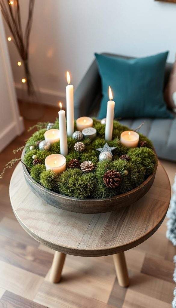 Elegant round centerpiece on a small, wooden table. Gently arranged moss, festive candles, and natural accents create a cozy, winter-inspired atmosphere. Soft, warm lighting casts a gentle glow. Captured with a wide-angle lens to showcase the entire scene. A perfect DIY-inspired decoration, embodying the KlickKiste aesthetic - authentic, inspirational, and ready for your next small gathering.