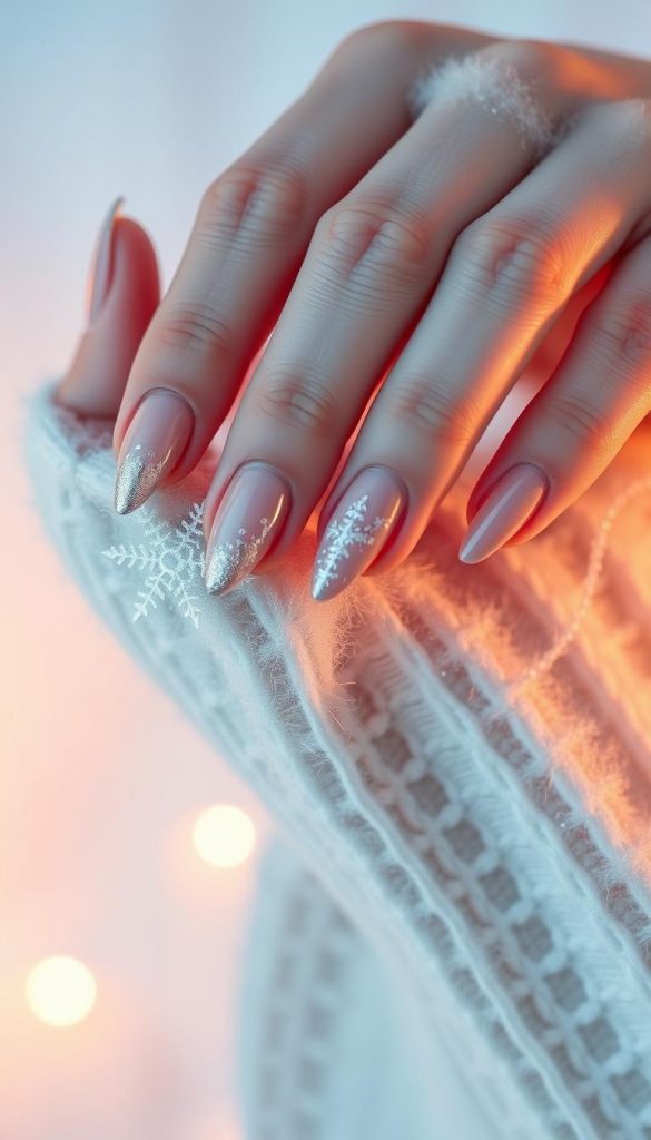 Elegant short winter nails in a frosty, futuristic KlickKiste style. Manicured hands against a soft, ethereal backdrop, capturing the essence of the season. Neutral tones with a subtle chrome sheen, accented by delicate snowflake-inspired nail art. Warm lighting casts a cozy glow, evoking a sense of winter wonder. Minimal, clean design showcases the natural beauty of the nails, perfect for everyday wear. Serene, Pinterest-inspired composition with a touch of DIY charm.