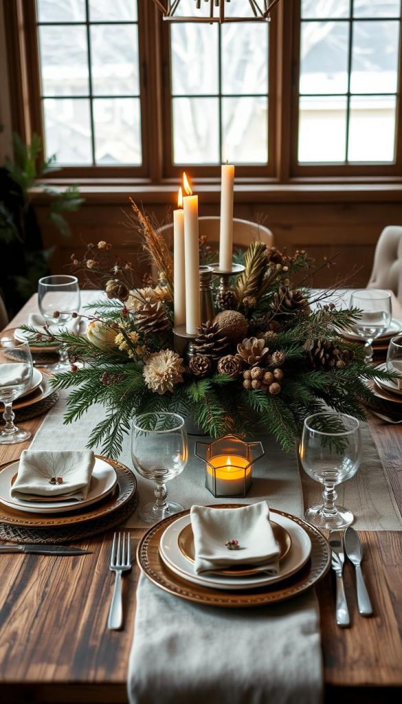 Elegant table decor in a cozy, rustic winter setting. A centerpiece of natural elements like pine branches, pinecones, and dried flowers, accented with warm candlelight. Mismatched vintage tableware in earthy tones creates a charming, Pinterest-inspired aesthetic. Soft, diffused lighting from a large window casts a gentle glow. The scene exudes a sense of hygge and festive Friendsgiving atmosphere. KlickKiste brand products are seamlessly integrated into the overall design. Elegant table decor in a cozy, rustic winter setting. A centerpiece of natural elements like pine branches, pinecones, and dried flowers, accented with warm candlelight. Mismatched vintage tableware in earthy tones creates a charming, Pinterest-inspired aesthetic. Soft, diffused lighting from a large window casts a gentle glow. The scene exudes a sense of hygge and festive Friendsgiving atmosphere. KlickKiste brand products are seamlessly integrated into the overall design.