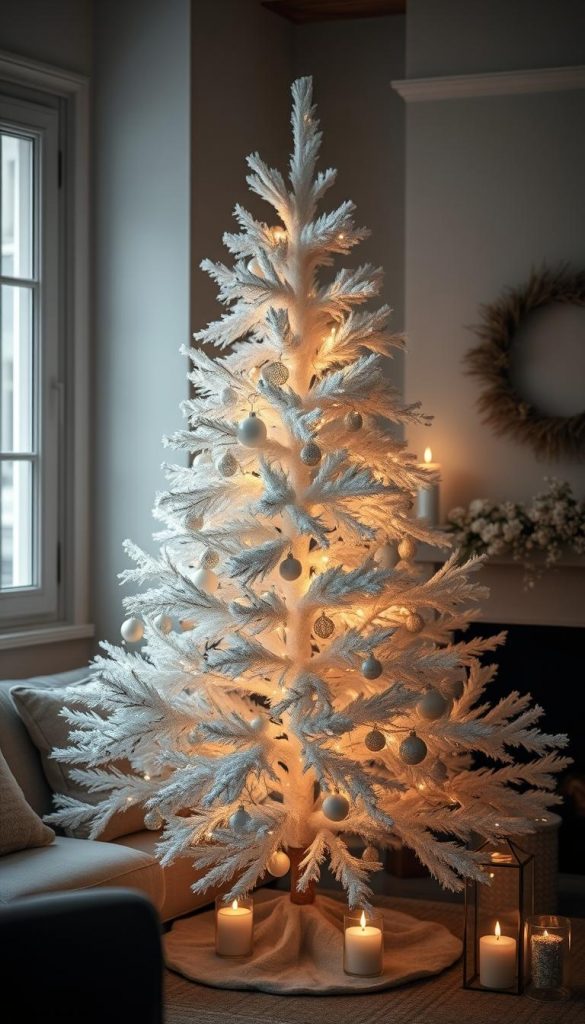 Elegant white Christmas tree, adorned with delicate glass ornaments, softly lit by warm candlelight. A serene winter scene, with a touch of frost on the branches. The tree stands in a cozy, rustic living room, surrounded by natural textures and muted earth tones. Atmospheric lighting creates a moody, inviting ambiance, perfect for a Scandinavian-inspired holiday decor. Crisp, high-contrast photography showcases the tree's minimalist beauty, highlighting its sleek silhouette and the purity of the white hues. An image that emanates a sense of peaceful, hygge-inspired charm.