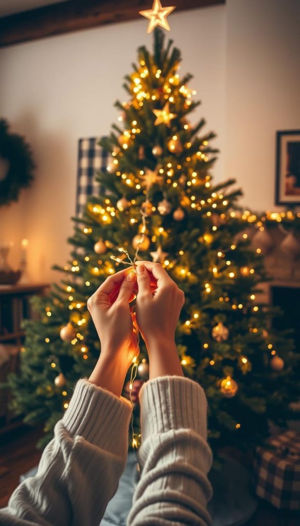 Elegant winter scene of a lush, verdant Christmas tree being decorated with a warm, twinkling string of fairy lights. The tree stands tall and proud in a cozy, rustic living room, bathed in soft, golden lighting that casts a magical glow. In the foreground, a pair of hands carefully adorns the branches, weaving the delicate lights through the dense foliage. The mood is serene, intimate, and deeply festive, capturing the joy and care of creating a beautiful holiday display. Warm, natural tones and a touch of Pinterest-inspired styling infuse the image with a sense of homemade charm and authentic seasonal delight.