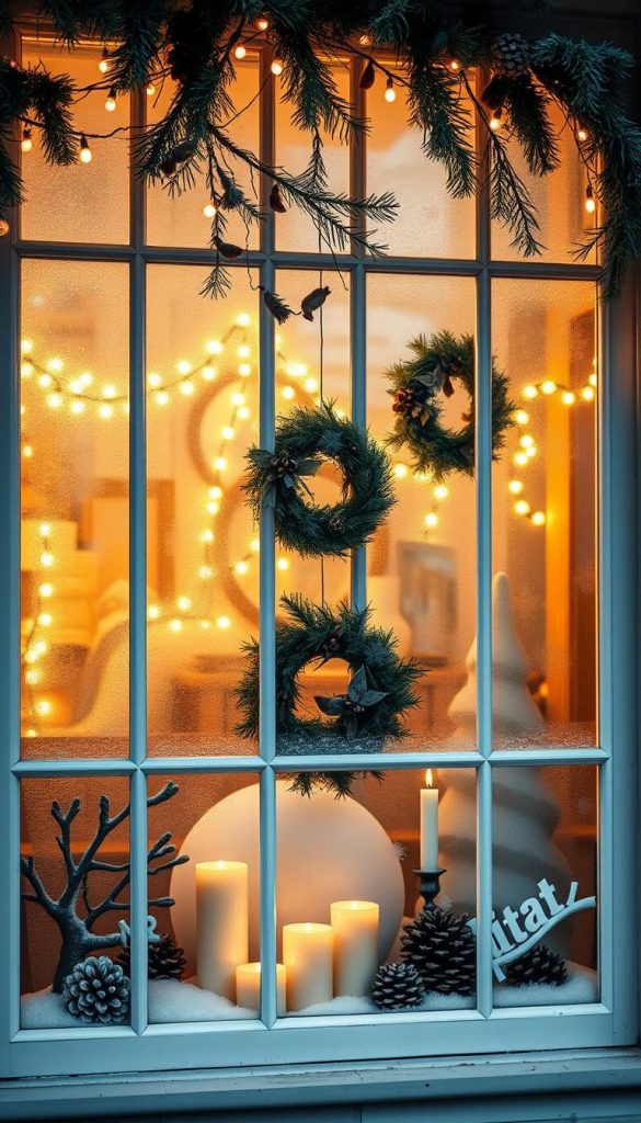 Elegant winter window display with a cozy, rustic charm. Intricate frosted panes framed by natural greenery, pine cones, and twinkling string lights. Soft golden light filters through, casting a warm glow and inviting atmosphere. Hanging wreaths, clusters of candles, and playful window silhouettes add depth and whimsy. A charming, Pinterest-worthy scene that captures the festive essence of the winter season. Photographed with a shallow depth of field for a dreamlike, artistic quality.