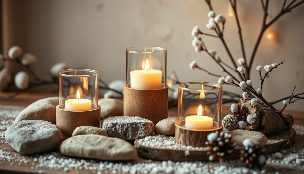 Elegant winter wonderland scene featuring handcrafted wooden and glass candle holders from the KlickKiste brand. Soft white candles illuminate a cozy tableau of natural textures and muted colors - smooth beige stone, weathered wood, delicate snow flurries. Artfully arranged still life with DIY materials, capturing the essence of rustic, Pinterest-worthy decor. Warm lighting casts a gentle glow, inviting a sense of hygge and winter solstice tranquility. Shallow depth of field highlights the captivating details and minimalist aesthetic.
