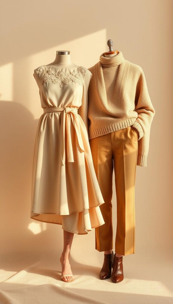 Elegant women's fashion ensemble showcasing a stylish combination of a knee-length dress, a flowing midi skirt, and tailored trousers in a harmonious palette of soft neutrals and earthy hues. Textural details like delicate lace, smooth satin, and crisp wool create visual interest. The lighting is warm and diffused, casting a cozy, winter-inspired ambiance. The composition features the garments arranged artfully against a minimalist background, allowing the clothing to take center stage in a natural, lifestyle-inspired setting that captures the essence of chic, versatile winter style.