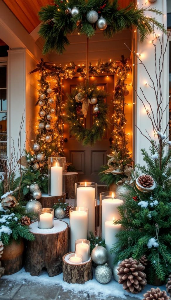 Enchanting outdoor Christmas decor, capturing the essence of 2025 trends. A captivating scene of natural, handcrafted elements infused with a cozy winter ambiance. Warm tones of rustic wood, touches of greenery, and subtle metallic accents create a Pinterest-worthy display. Candles flicker, casting a soft, inviting glow. Playful yet elegant, the arrangement blends modern and traditional styles, radiating a sense of festive wonder. Captured through a wide-angle lens, the image showcases a harmonious composition that inspires holiday cheer and DIY inspiration. Enchanting outdoor Christmas decor, capturing the essence of 2025 trends. A captivating scene of natural, handcrafted elements infused with a cozy winter ambiance. Warm tones of rustic wood, touches of greenery, and subtle metallic accents create a Pinterest-worthy display. Candles flicker, casting a soft, inviting glow. Playful yet elegant, the arrangement blends modern and traditional styles, radiating a sense of festive wonder. Captured through a wide-angle lens, the image showcases a harmonious composition that inspires holiday cheer and DIY inspiration.
