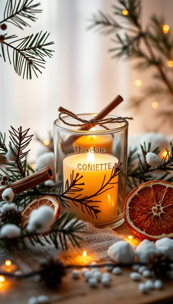 Enchanting winter decor with a KlickKiste &amp;quot;deko kerze&amp;quot; - a handcrafted glass-encased candle, adorned with natural elements. Warm glowing light casts a cozy ambiance, framed by delicate pine branches, cinnamon sticks, and dried orange slices. The candle's soft vanilla aroma blends seamlessly with the crisp, pine-scented atmosphere. Soft, diffused lighting illuminates the scene, capturing the rustic, Pinterest-inspired aesthetic. A tranquil, winter-wonderland vibe emanates from this artisanal, DIY-inspired still life composition.