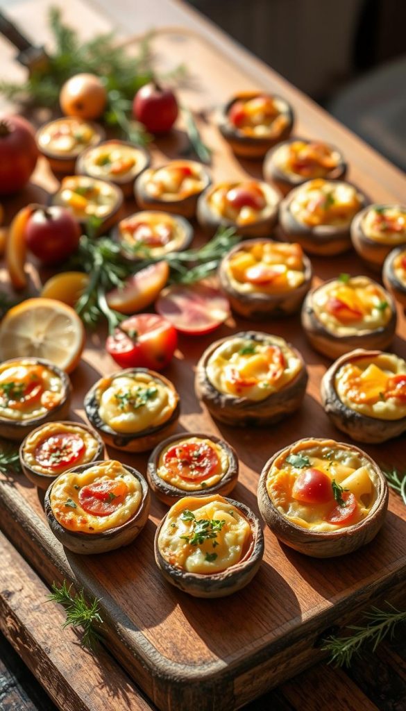Enticing array of homemade finger foods presented on a rustic wooden surface, bathed in warm, natural lighting. An assortment of savory bites, from miniature quiches to cheese-stuffed mushrooms, arranged with care and artistry. Complemented by vibrant sprigs of herbs, sliced fruits, and a touch of wintery greenery, creating a cozy, inviting atmosphere. Captured with a soft, dreamy focus, conveying a sense of effortless elegance and Pinterest-worthy appeal. Inspiring the viewer to explore these simple, yet delightful Silvester recipes.