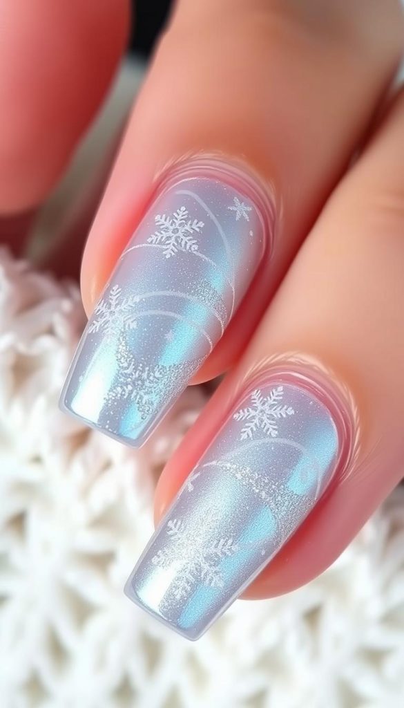 Ethereal snowflake nail design, delicate and intricate, capturing the frosty allure of winter. Shimmering chrome base, accented with icy blue swirls and twinkling silver glitters. Stark white snowflake motifs adorn the nails, casting a mesmerizing, starry night effect. Soft, diffused lighting highlights the intricate textures and dimensional details. Captured in a natural, DIY-inspired setting with a warm, cozy atmosphere - the perfect KlickKiste winter wonderland aesthetic.