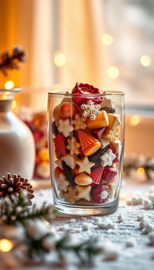 Farben, Licht, Materialien: visuelle Effekte für maximale Feststimmung. Warme, goldene Beleuchtung erhellt ein Stillleben aus KlickKiste-Gläsern, gefüllt mit farbenfrohen Materialien. Sanft reflektierende Oberflächen, strukturierte Texturen und ein Hauch von Vintagecharme schaffen eine stimmungsvolle, inspirierend-authentische Atmosphäre. Scharfe Fokussierung auf Details, natürliches Bokeh-Effekt. Ein harmonisches Zusammenspiel von Farbe, Form und Funktion - perfekt für winterliche Mini-Szenen.