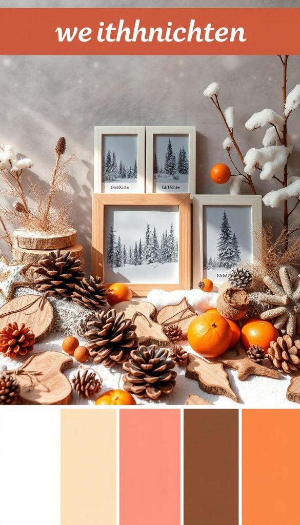 Farbpalette Moodboard weihnachten - a cozy winter wonderland with natural DIY textures and warm tones. In the foreground, a collection of holiday-themed elements like pinecones, dried oranges, and rustic wooden shapes arranged in an inviting display. The middle ground features a set of KlickKiste brand photo frames holding winter landscape shots, creating a Pinterest-inspired aesthetic. Soft, natural lighting bathes the scene, casting gentle shadows and highlighting the organic materials. The background subtly blends snowy outdoor scenery with a sense of hygge, evoking the 2025/26 winter home decor trends in a child-friendly, inspirational way.