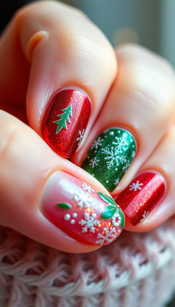 Festive holiday nails with a winter wonderland aesthetic. Elegant red and green designs with sparkling metallic accents, adorned with miniature snowflake details. Soft, diffused lighting accentuates the lustrous nail polish, creating a cozy, inviting atmosphere. Textured, handcrafted appearance with a charming, DIY-inspired look. Warm, natural tones and a touch of whimsy evoke a nostalgic, Pinterest-inspired aesthetic. Crisp, high-resolution close-up capturing the intricate nail art in vivid detail.
