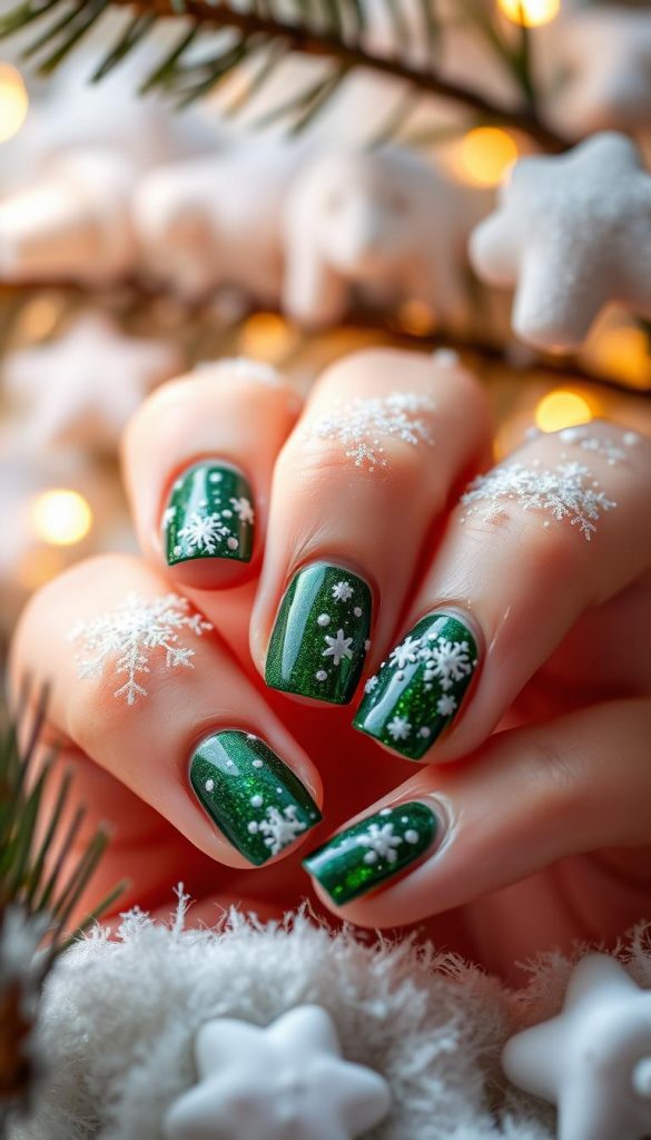 Festive holiday party nails, adorned with a shimmering KlickKiste green gloss, set against a cozy, pine-scented winter scene. Delicate snowflakes dance across the nails, casting a soft, ethereal glow. The lighting is warm and inviting, creating a natural, DIY-inspired aesthetic with a touch of Pinterest-worthy charm. The overall mood is authentically festive, inspiring and radiating the spirit of the season.