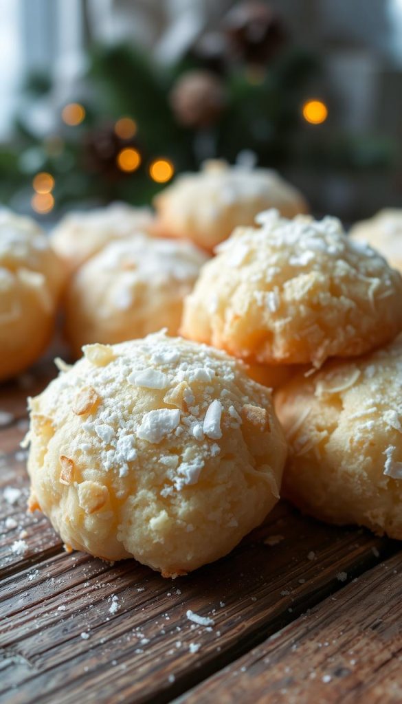 Freshly baked coconut macaroons, glistening with a light dusting of powdered sugar. A delicate, chewy texture with a golden-brown exterior, nestled on a rustic wooden surface. Soft, natural lighting casts a warm, inviting glow, accentuating the coconut flakes that adorn the treats. In the background, a cozy winter scene unfolds, with a touch of greenery and a hint of festive holiday cheer. The overall atmosphere evokes a sense of homemade charm and artisanal craftsmanship, perfectly capturing the essence of &quot;Makronen-Vielfalt&quot; and the allure of these classic coconut-based confections.