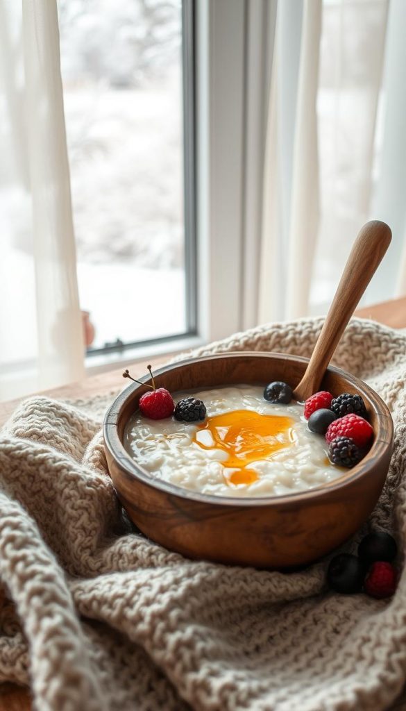 Frühstück porridge in a rustic wooden bowl, garnished with seasonal berries and a drizzle of golden honey. Soft natural light filters through sheer curtains, casting a warm glow over the scene. Cozy textures of knit blankets and worn wooden surfaces create a hygge atmosphere. In the background, a glimpse of snowy winter landscape through a frosty windowpane. Authentic and inspirational, this image evokes the comfort and simplicity of a nourishing winter breakfast.