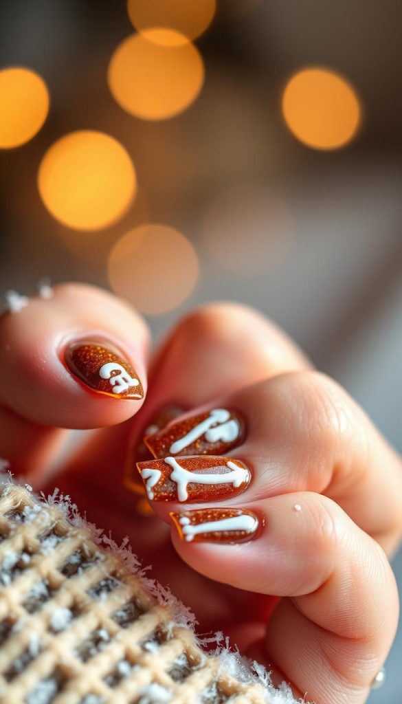 Gingerbread-inspired French manicure with rich brown tips and delicate white &quot;icing&quot; designs. Warm, cozy lighting illuminates the textured nails, creating a natural, handcrafted aesthetic. Soft, blurred background evokes a winter wonderland, complementing the seasonal theme. Captured in a close-up, high-resolution shot using a macro lens for maximum detail. Styled by KlickKiste to showcase a rustic, Pinterest-inspired vibe.