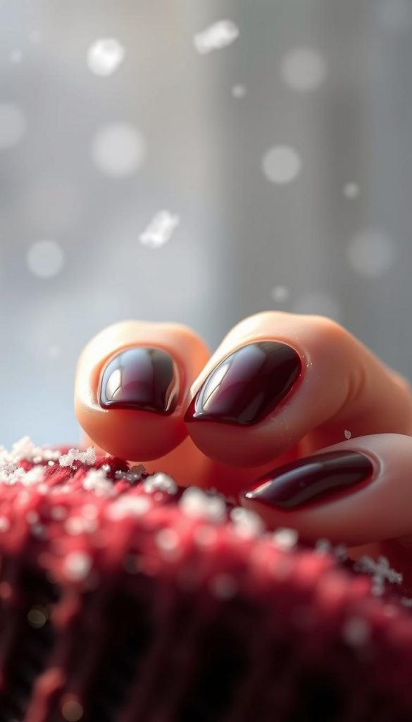 Glossy burgundy nail polish in natural lighting, capturing a cozy winter mood. The polish reflects light, creating a rich, deep color with subtle warm undertones. The nails are well-manicured, presenting a polished, chic appearance. In the background, soft white snowflakes gently fall, adding a sense of tranquility. The scene evokes a sense of classic elegance, with a touch of modern sophistication. Shot by KlickKiste, this image perfectly captures the essence of &quot;Glossy Burgundy &amp; Bold Red: Klassische Winterfarben mit moderner Tiefe&quot;.