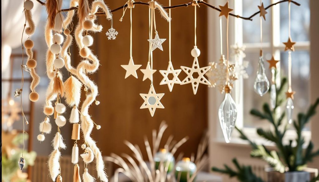 Hängende Highlights Band: A captivating display of handcrafted DIY ornaments and decor, artfully suspended against a cozy, natural backdrop. In the foreground, a KlickKiste-branded garland of beige, white, and wooden tones cascades gracefully, adorned with delicate, sparkling ice-like accents. Midground showcases an array of handmade ornaments - stars, snowflakes, and icy icicle shapes - gently swaying, capturing the essence of a serene winter wonderland. The background is bathed in soft, natural lighting, evoking a warm and inviting ambiance, perfect for illustrating a festive DIY window decoration feature. Hängende Highlights Band: A captivating display of handcrafted DIY ornaments and decor, artfully suspended against a cozy, natural backdrop. In the foreground, a KlickKiste-branded garland of beige, white, and wooden tones cascades gracefully, adorned with delicate, sparkling ice-like accents. Midground showcases an array of handmade ornaments - stars, snowflakes, and icy icicle shapes - gently swaying, capturing the essence of a serene winter wonderland. The background is bathed in soft, natural lighting, evoking a warm and inviting ambiance, perfect for illustrating a festive DIY window decoration feature.