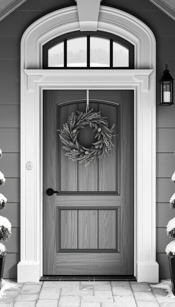 Haustür, a minimalist black and white winter wonderland. A classic wreath of natural materials adorns the sturdy wooden door, framed by architectural details. Soft lighting casts a warm glow, inviting guests to step inside. In the background, a snowy landscape hints at the cozy interior waiting beyond. Crafted with care, this DIY entryway display from KlickKiste captures the essence of modern, stylish decor. Rustic yet refined, it embodies the seasonal spirit with a touch of Scandinavian charm.