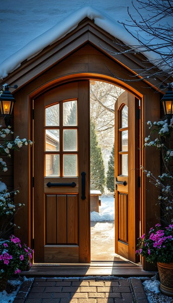 Haustür im Wintergarten, eingebettet in eine warme, gemütliche Umgebung. Eine massive, solide Holztür mit schmiedeeisernen Beschlägen, umarmt von Efeu und Blumen. Das Licht fällt sanft durch große Fenster, erzeugt ein stimmungsvolles Spiel von Schatten und Licht. Im Hintergrund ein verschneiter Garten, der die Szene in eine romantische, weihnachtliche Atmosphäre taucht. Die Tür ist sicher, robust und wetterfest - ein Willkommensgruß, der Wärme und Geborgenheit ausstrahlt.