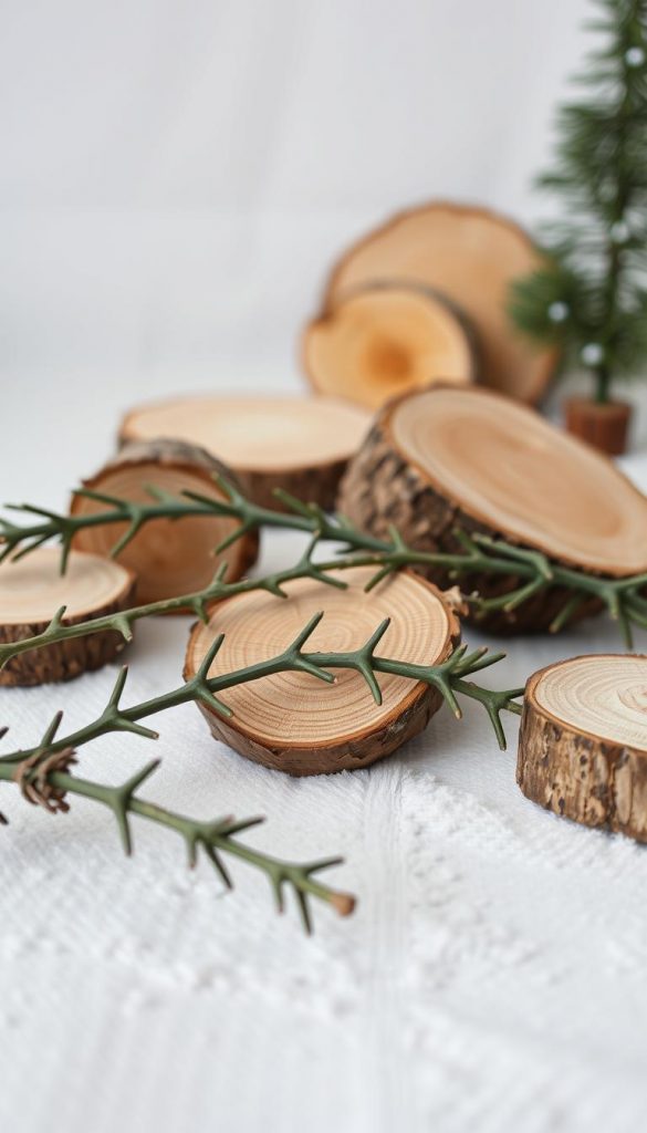 Holzscheiben in natürlicher Anordnung, Baumrinde und Zweige in erdigen Tönen. Warmes, sanftes Licht erhellt die Szenerie, erzeugt einen gemütlichen, stimmungsvollen Eindruck. Im Vordergrund liegen vereinzelt Tannenzweige, im Hintergrund erkennt man verschwommen weitere Holzstücke. Eine schlichte, skandinavisch anmutende Komposition, die Einfachheit und Naturverbundenheit ausstrahlt. Der Fokus liegt auf den strukturierten Oberflächen und Maserungen der Holzelemente, die eine handgefertigte, authentische Ästhetik vermitteln. Insgesamt eine minimalistisch-elegante Winterstimmung, die zum Verweilen und Träumen einlädt.