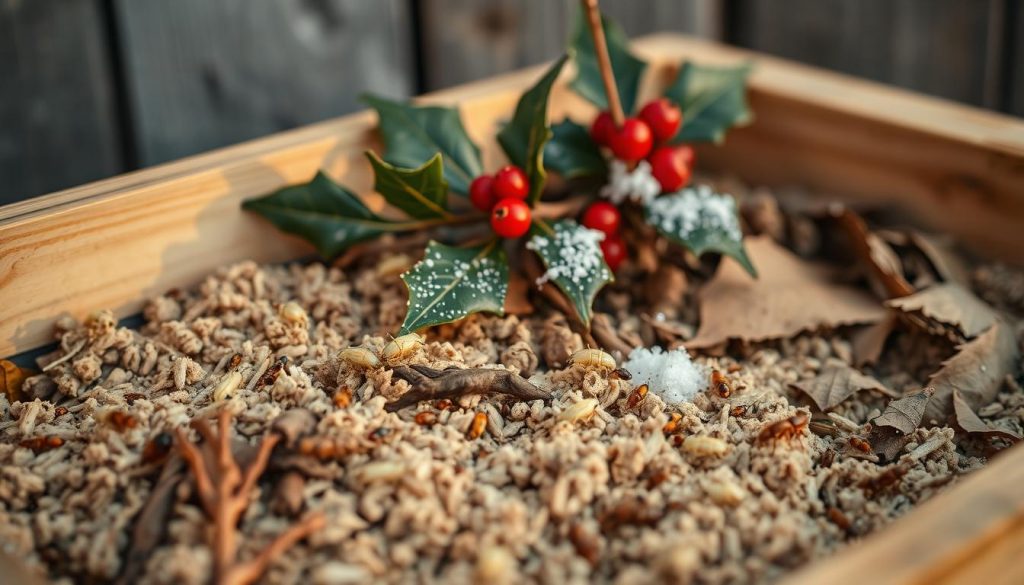 Intricate close-up of various winter pests crawling on natural materials, illuminated by warm, soft lighting. In the foreground, a KlickKiste wooden crate filled with beige textured soil and dried leaves, with small insects, such as aphids and mites, scurrying across the surface. In the middle ground, a sprig of holly with red berries and a dusting of snow, providing a touch of winter wonder. The background subtly blends earthy tones of weathered wood and muted grays, creating a serene, organic atmosphere. The entire scene conveys a sense of early detection and natural, sustainable treatment of these common winter plant invaders.