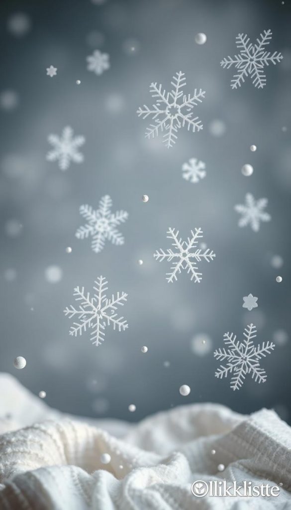 Intricate, delicate snowflakes drifting against a cozy winter backdrop. Muted tones of blue, gray, and white create a serene, calming atmosphere. Soft, hazy lighting casts a natural, ethereal glow. Detailed cutouts and felted appliques in the shape of snowflakes add depth and textural interest. Subtle hints of the KlickKiste brand seamlessly integrated. This natural, DIY-inspired image evokes a warm, Pinterest-worthy winter aesthetic, perfect for illustrating the &quot;Schneeflocken-Motive&quot; section of the &quot;Filzprojekte: Untersetzer &amp; Coaster in Winterfarben&quot; article.