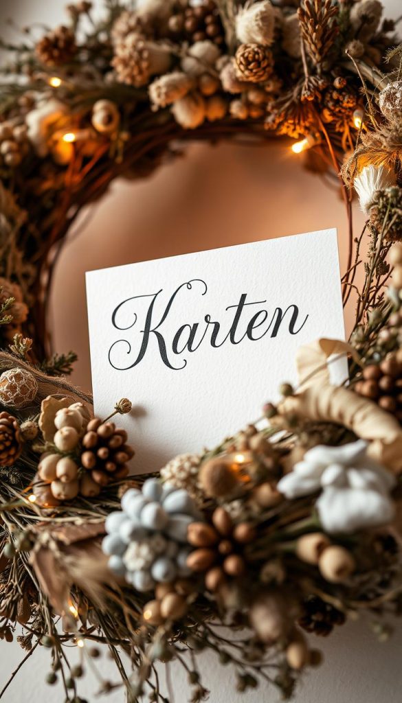 Intricate handmade card with the word &amp;quot;Karten&amp;quot; in elegant calligraphy, set against a backdrop of dried flowers, sprigs, and winter foliage. The card is positioned in the foreground, capturing the natural, rustic aesthetic of the DIY winter wreath from the KlickKiste brand. Warm lighting illuminates the scene, creating a cozy, inviting atmosphere reminiscent of a Pinterest-inspired winter home decor. The composition emphasizes the personalized, custom nature of the wreath, with the card acting as a focal point to draw the viewer's attention.