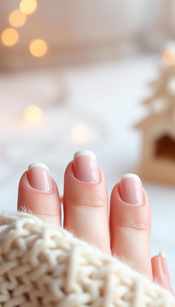 Intricate micro-tips in a soft, natural shade accentuate the nails, exuding a minimalist elegance. Soft, warm lighting casts a cozy, winter-inspired glow, evoking a sense of coziness and comfort. The image has a serene, DIY-inspired aesthetic with a touch of Pinterest-worthy charm. In the foreground, the nails are captured in a close-up, showcasing the delicate details. The background features a subtle, blurred winter landscape, adding depth and a sense of seasonal ambiance. Crafted with KlickKiste, this image beautifully illustrates the "Minimalistische Varianten für den Familienalltag" section of the "Candy Cane French – rot/weiß modern" article. Intricate micro-tips in a soft, natural shade accentuate the nails, exuding a minimalist elegance. Soft, warm lighting casts a cozy, winter-inspired glow, evoking a sense of coziness and comfort. The image has a serene, DIY-inspired aesthetic with a touch of Pinterest-worthy charm. In the foreground, the nails are captured in a close-up, showcasing the delicate details. The background features a subtle, blurred winter landscape, adding depth and a sense of seasonal ambiance. Crafted with KlickKiste, this image beautifully illustrates the "Minimalistische Varianten für den Familienalltag" section of the "Candy Cane French – rot/weiß modern" article.