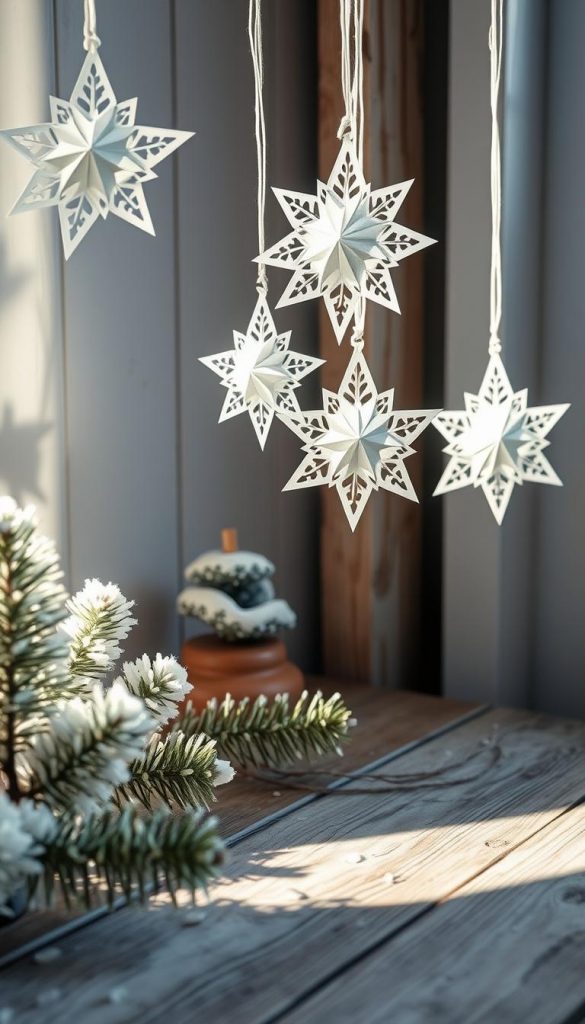 Intricate paper stars suspended in a cozy winter scene, casting gentle shadows on a rustic wooden surface. Soft white and natural tones create a minimalist Scandinavian aesthetic, accentuated by the warm glow of natural lighting. Delicate textures and a sense of effortless elegance evoke a serene, homemade atmosphere perfect for a festive Scandinavian-inspired holiday display. Crisp, high-resolution photography captures the essence of this simple yet captivating DIY decoration.