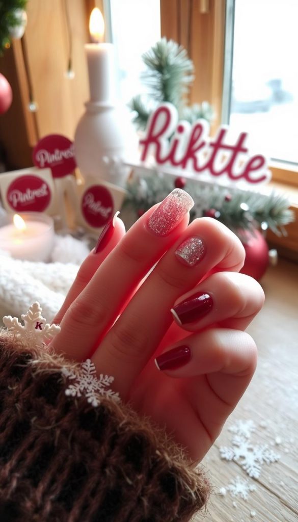 Intricate, well-manicured nails in a festive winter setting. Soft natural light illuminates the scene, capturing the delicate texture of the nails and the cozy, rustic atmosphere. Elegant French-style manicure with subtle glitter accents, complemented by a touch of deep red polish. In the background, a sprinkling of snowflakes and a KlickKiste-branded holiday decoration add a charming, Pinterest-inspired touch. The overall mood is warm, inviting, and perfectly suited for the Christmas season.