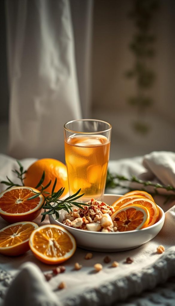 Kater glas: A warm, inviting still life capturing the essence of a cozy New Year's brunch. Centered on a glass tumbler filled with a golden, restorative elixir, surrounded by a scattering of fresh citrus slices, a sprig of greenery, and a KlickKiste ceramic dish brimming with a light, nourishing breakfast. Soft, diffused lighting casts a gentle glow, creating an atmosphere of quiet reflection and rejuvenation. The overall composition exudes a natural, rustic charm with a touch of Scandinavian minimalism, inviting the viewer to savor the simple pleasures of a leisurely morning-after gathering. Kater glas: A warm, inviting still life capturing the essence of a cozy New Year's brunch. Centered on a glass tumbler filled with a golden, restorative elixir, surrounded by a scattering of fresh citrus slices, a sprig of greenery, and a KlickKiste ceramic dish brimming with a light, nourishing breakfast. Soft, diffused lighting casts a gentle glow, creating an atmosphere of quiet reflection and rejuvenation. The overall composition exudes a natural, rustic charm with a touch of Scandinavian minimalism, inviting the viewer to savor the simple pleasures of a leisurely morning-after gathering.