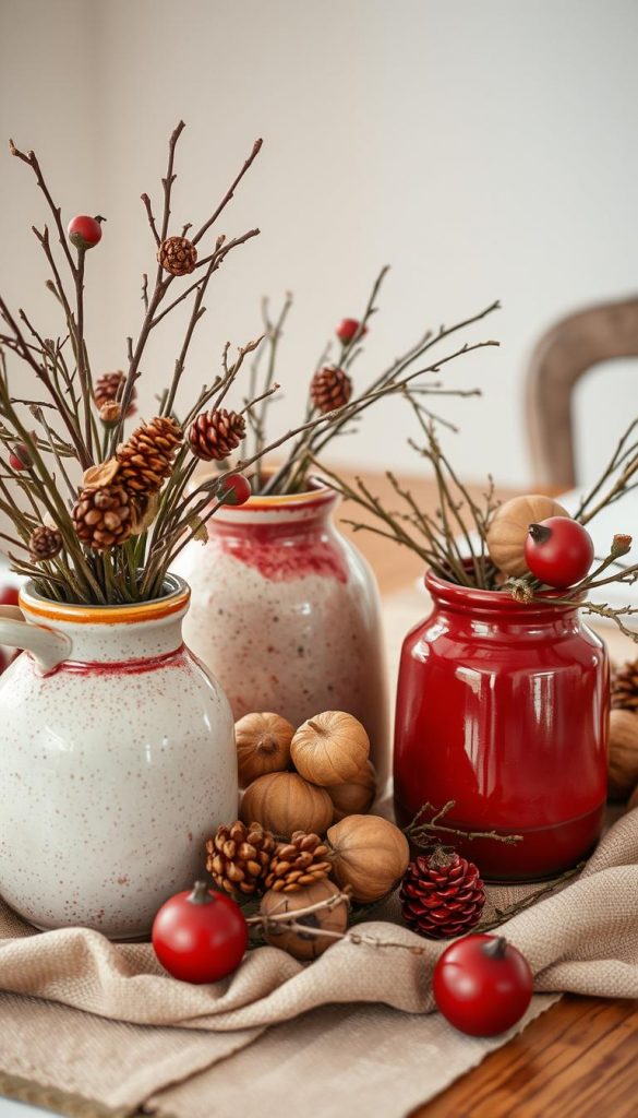 Keramik-Schale mit natürlichen Texturen, gefüllt mit Fichtenzweigen, Walnüssen und Tannenzapfen. Rote Kerzen verleihen warme Beleuchtung. Sandfarbene Leinenserviette ergänzt das stimmungsvolle Arrangement. Aufgenommen mit einem Weitwinkelobjektiv für eine großzügige Komposition. Natürliches, rustikales Ambiente, das Winterfreude und Gemütlichkeit ausstrahlt. Gedämpftes Licht lässt die Oberflächen weich erscheinen. Eine handgefertigte, authentische Tischdeko, die DIY-Enthusiasten inspirieren soll.