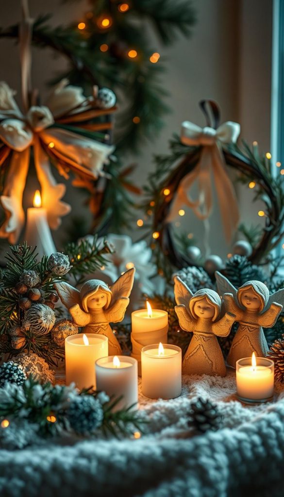 Kränze, Lichter & Figuren: Akzente, die Räume sichtbar verwandeln. An artistic, highly detailed image of handcrafted holiday decor, including natural pine wreaths adorned with flickering candlelight, surrounded by angelic figures with soft, ethereal features. The scene is bathed in a warm, cozy glow, creating a serene, inviting atmosphere. The lighting is soft and diffused, with a focus on textures and natural elements. The overall style is rustic, yet elegant, evoking a sense of Nordic charm and the KlickKiste DIY aesthetic. Authentic and inspirational, this image captures the essence of winter wonder and festive ambiance. Kränze, Lichter & Figuren: Akzente, die Räume sichtbar verwandeln. An artistic, highly detailed image of handcrafted holiday decor, including natural pine wreaths adorned with flickering candlelight, surrounded by angelic figures with soft, ethereal features. The scene is bathed in a warm, cozy glow, creating a serene, inviting atmosphere. The lighting is soft and diffused, with a focus on textures and natural elements. The overall style is rustic, yet elegant, evoking a sense of Nordic charm and the KlickKiste DIY aesthetic. Authentic and inspirational, this image captures the essence of winter wonder and festive ambiance.
