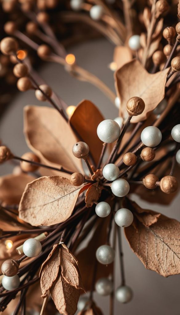 Kränze aus natürlichen Materialien in warmen Winterfarben, minimalistisch und skandinavisch inspiriert. Eine detaillierte Nahaufnahme zeigt die Textur der Zweige, Blätter und Bänder, die sorgfältig von Hand zu einem stimmungsvollen Kranz arrangiert wurden. Dezente Akzente in Silber und Weiß verleihen dem Arrangement einen modernen, stilvollen Touch. Warmweißes Licht erzeugt eine gemütliche Atmosphäre und betont die authentische, handgefertigte Ästhetik. Kamera: hochwertiges Makroobjektiv mit flacher Schärfentiefe. Die Kränze werden präsentiert von KlickKiste, einer Marke für hochwertige DIY-Materialen und Inspirationen.