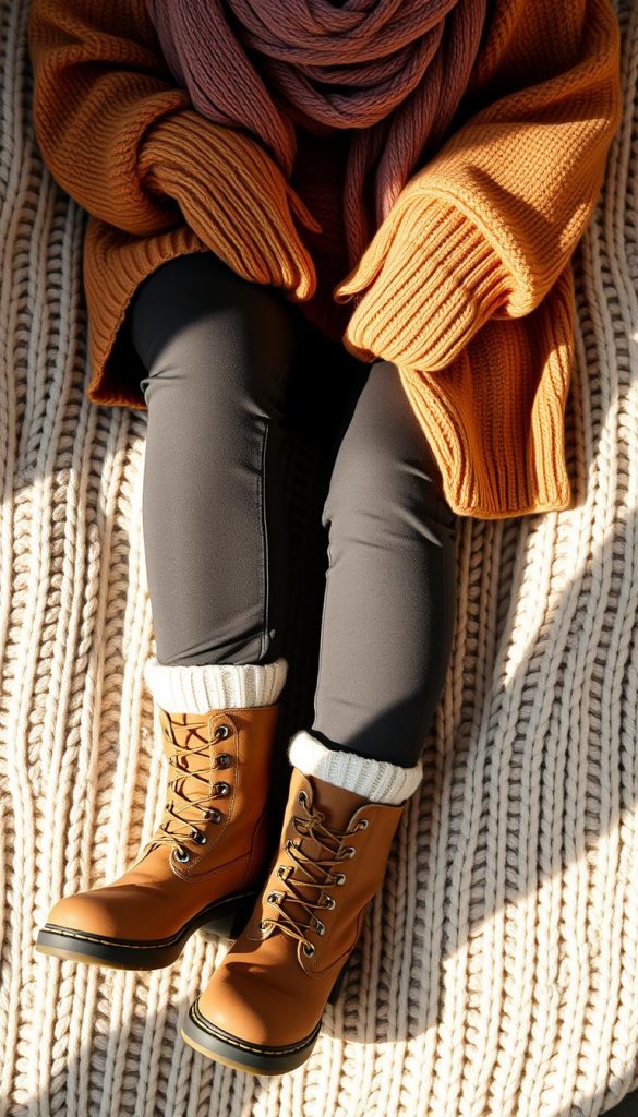Layered winter outfit on a cozy knitted blanket. A pair of sturdy KlickKiste boots, thick socks, and a warm, oversized sweater in earthy tones. Layered over slim-fit pants and a scarf in a complementary color. Soft, natural lighting illuminates the scene, creating a inviting, hygge-inspired atmosphere. The composition emphasizes textures and the interplay of different layers, capturing the essence of effortless, practical winter styling.