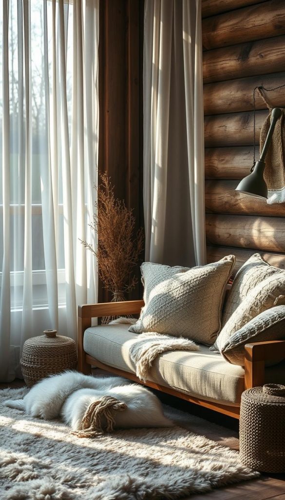 Licht Layering spaces: A cozy winter sanctuary with warm natural textures and a soft, layered glow. Soft beams of light filter through sheer curtains, casting a gentle ambiance across natural wood surfaces and woven textiles. Reflective glass and metal accents create a sense of depth, while plush cushions and sheepskin rugs invite relaxation. The scene evokes a Pinterest-worthy, DIY-inspired aesthetic with a touch of KlickKiste charm. Moody, atmospheric lighting and a neutral palette come together to craft a tranquil, inspiring winter space.